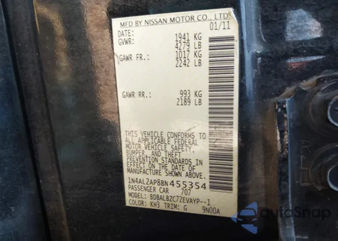 2011 Nissan Altima 2.5 S z USA, uszkodzony, nr VIN 1N4AL2AP8BN455354